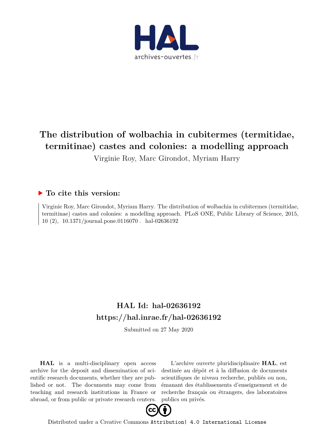 (Termitidae, Termitinae) Castes and Colonies: a Modelling Approach Virginie Roy, Marc Girondot, Myriam Harry