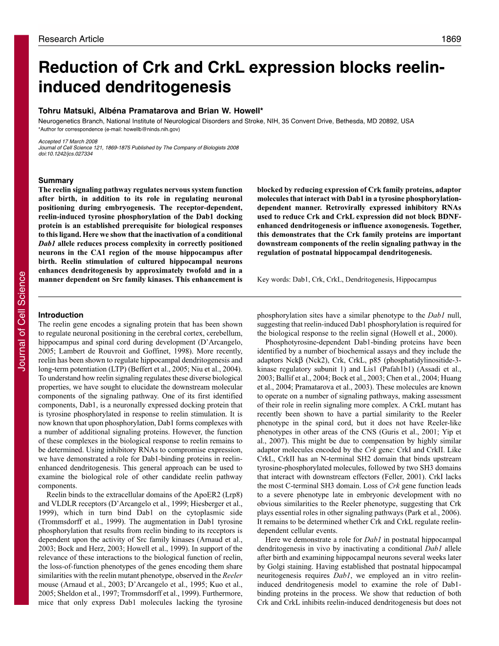 Reduction of Crk and Crkl Expression Blocks Reelin- Induced Dendritogenesis