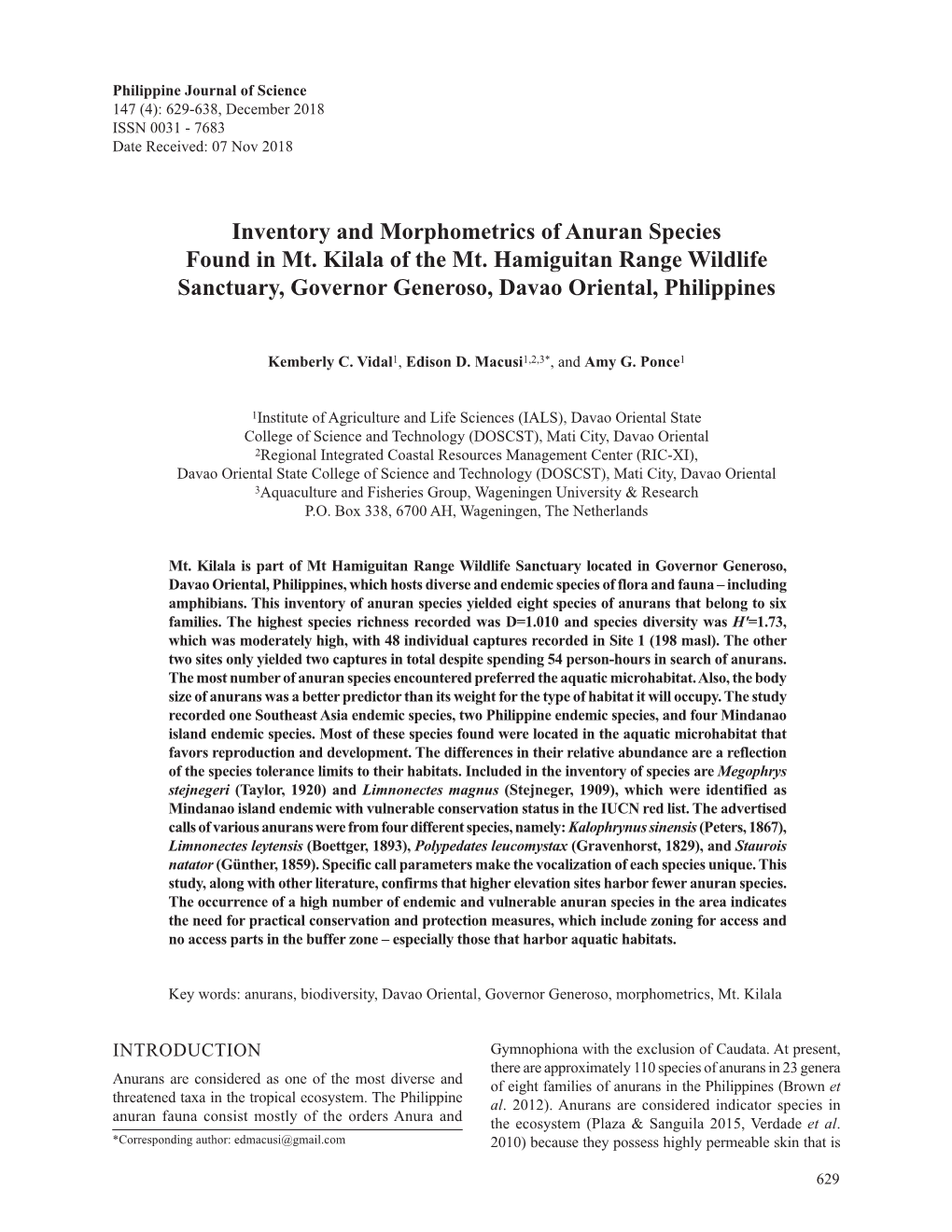 Inventory and Morphometrics of Anuran Species Found in Mt. Kilala of the Mt. Hamiguitan Range Wildlife Sanctuary, Governor Generoso, Davao Oriental, Philippines