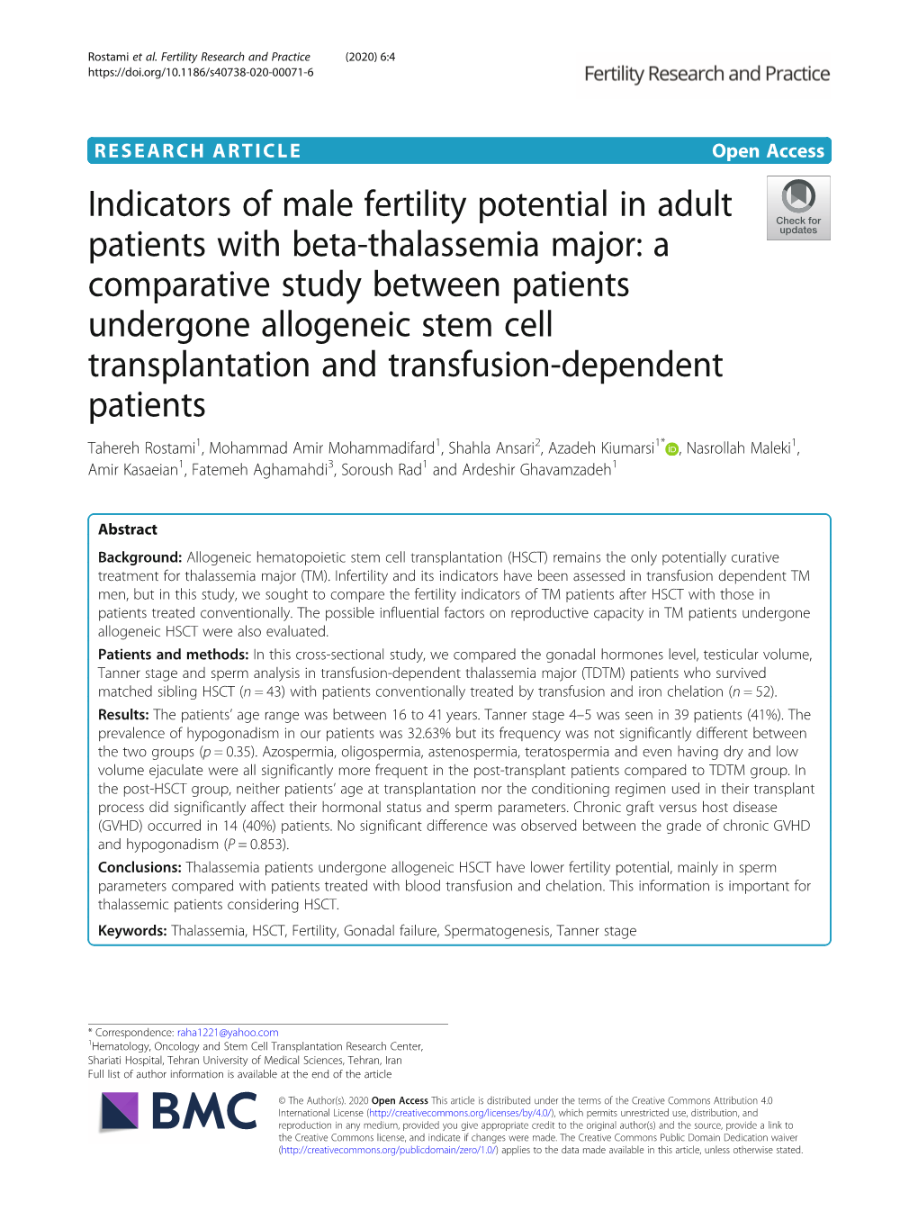 Indicators of Male Fertility Potential in Adult Patients with Beta-Thalassemia