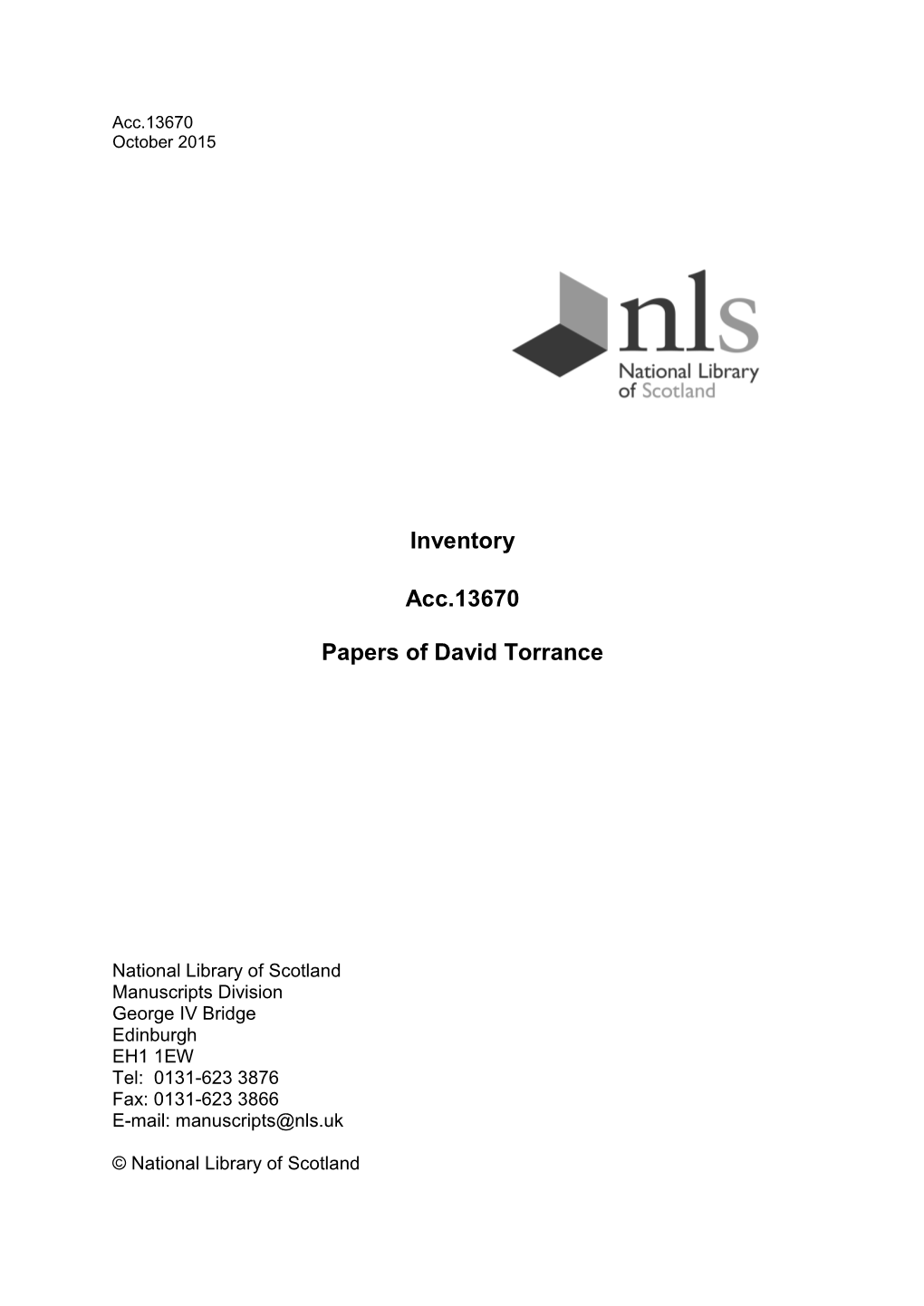 Inventory Acc.13670 Papers of David Torrance