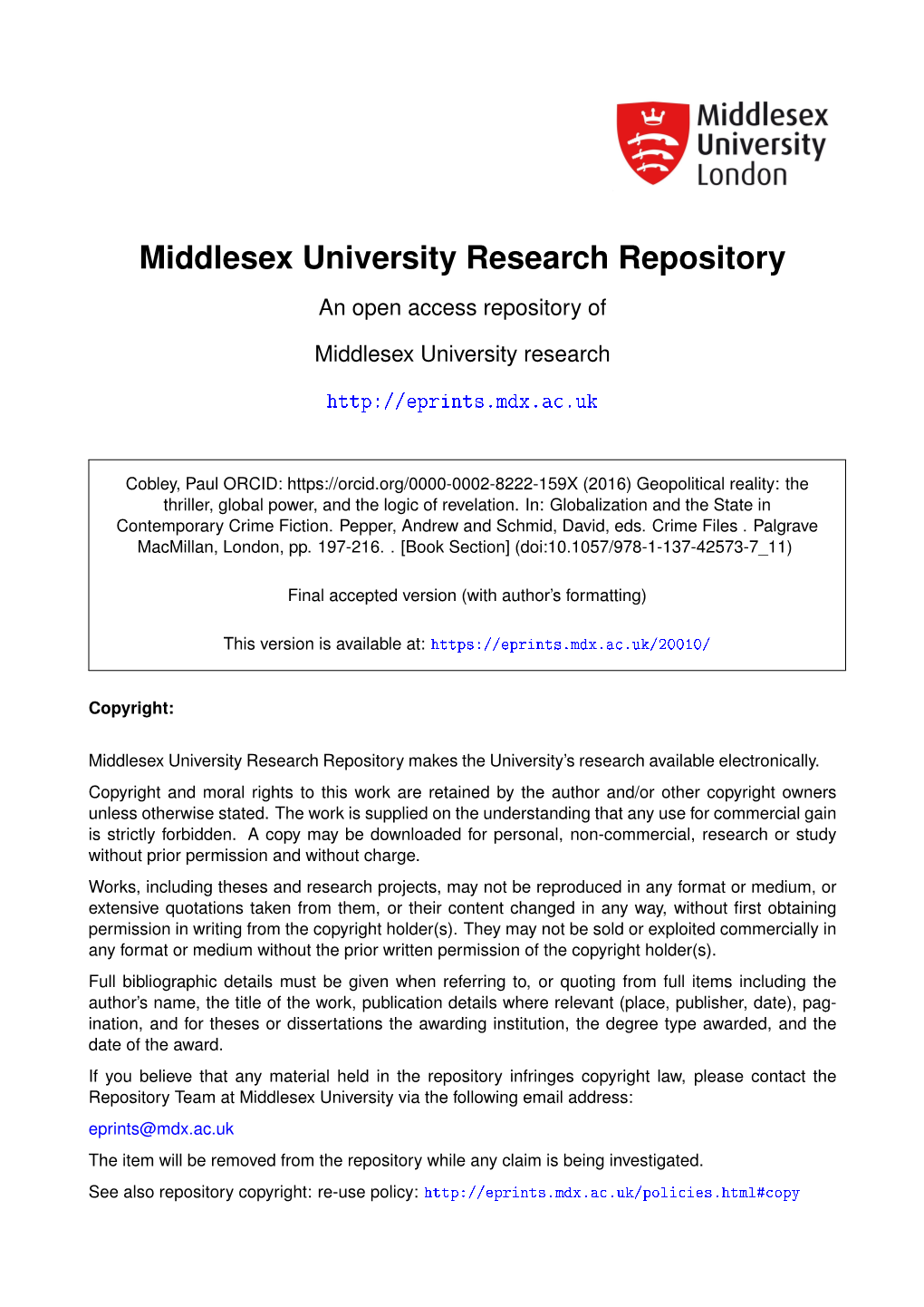 Middlesex University Research Repository an Open Access Repository Of