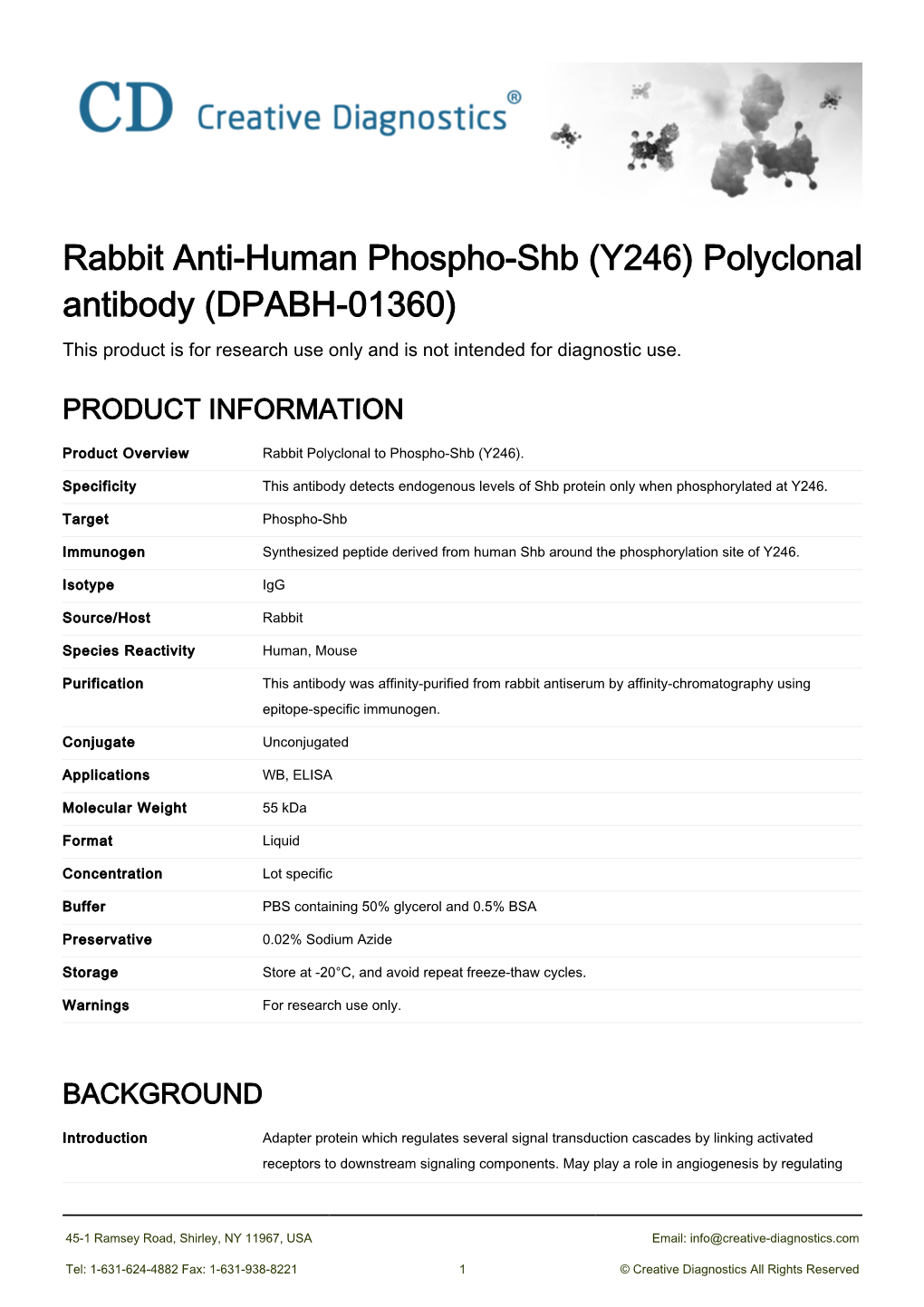 Rabbit Anti-Human Phospho-Shb (Y246) Polyclonal Antibody (DPABH-01360) This Product Is for Research Use Only and Is Not Intended for Diagnostic Use
