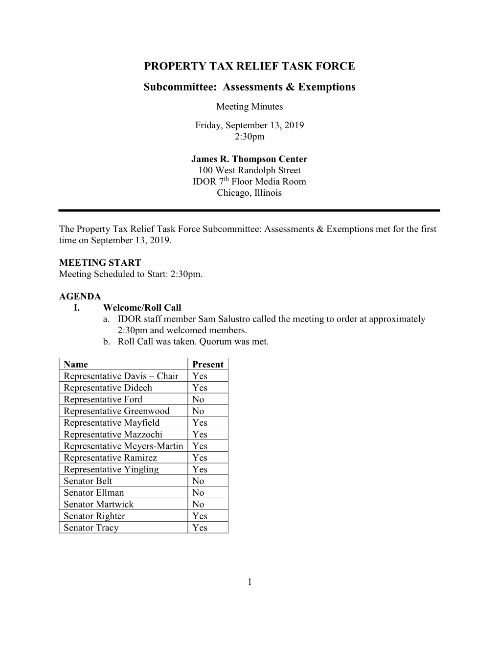 Property Tax Relief Task Force Subcommittee: Assessments and Exemptions