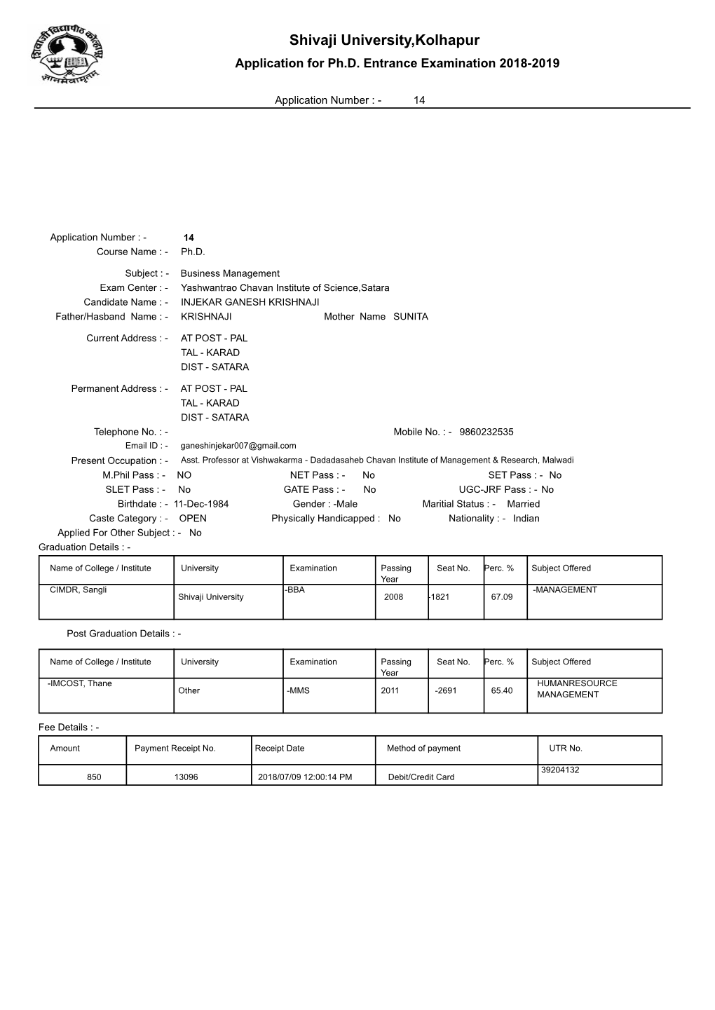 Shivaji University,Kolhapur Application for Ph.D