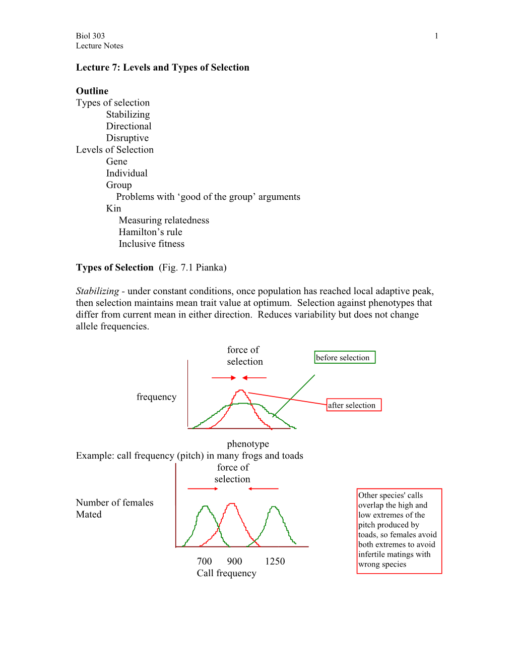 Levels and Types of Selection Outline Types of Selection Stabilizing
