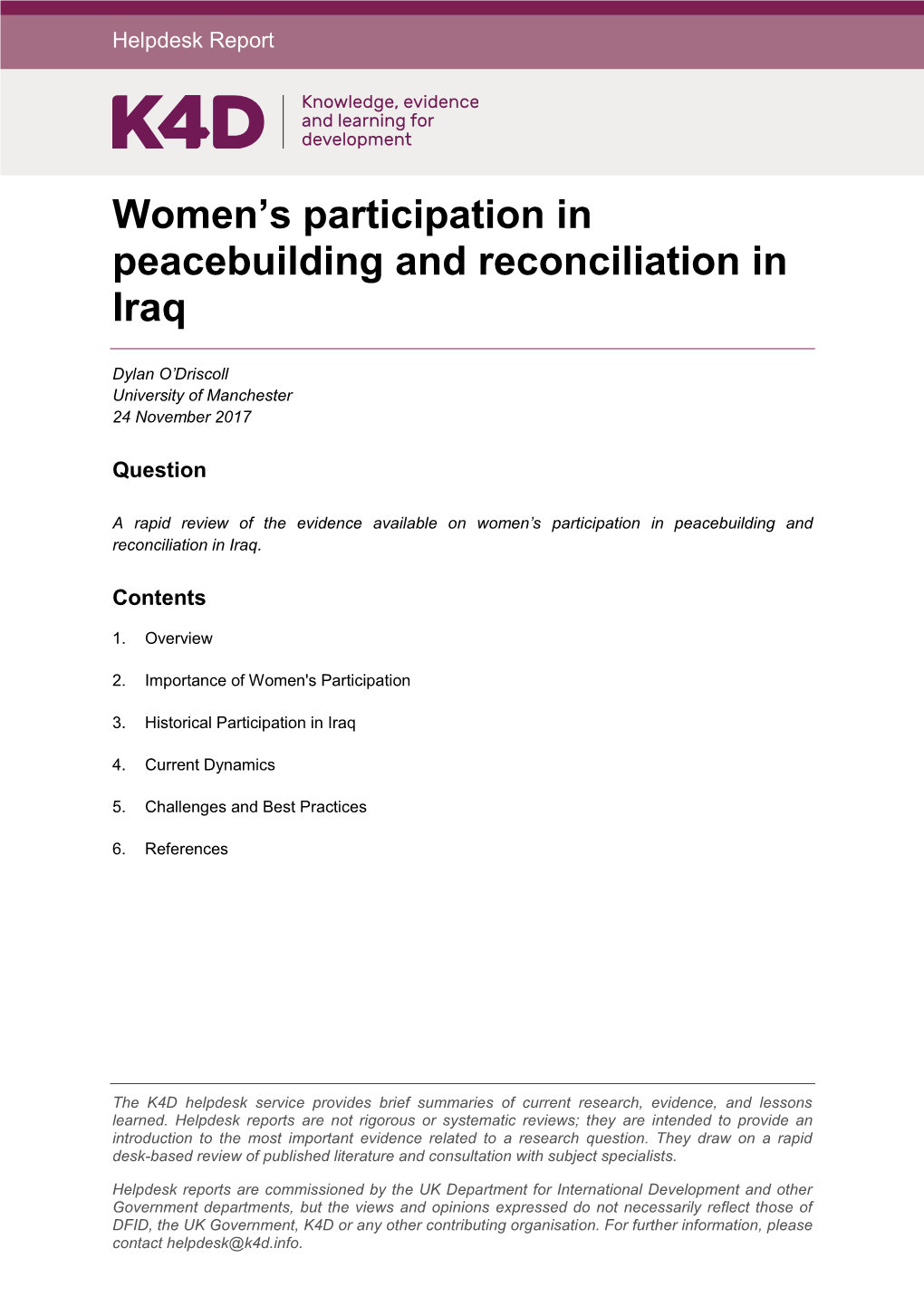 Women's Participation in Peacebuilding and Reconciliation in Iraq