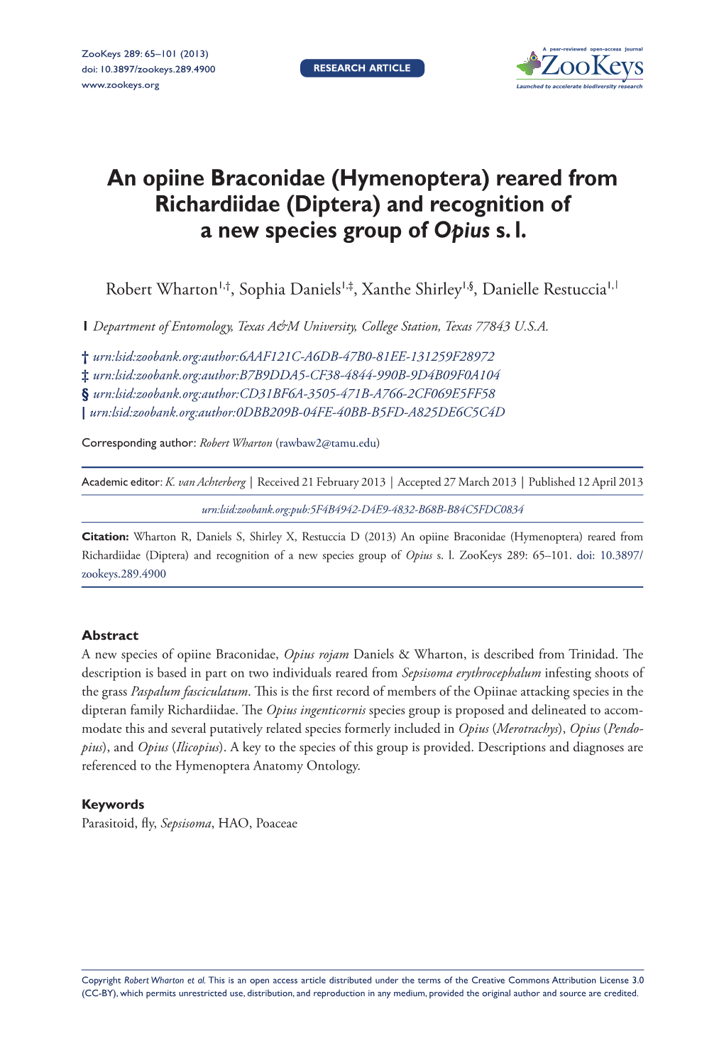 An Opiine Braconidae (Hymenoptera) Reared from Richardiidae (Diptera) and Recognition of a New Species Group of Opius S