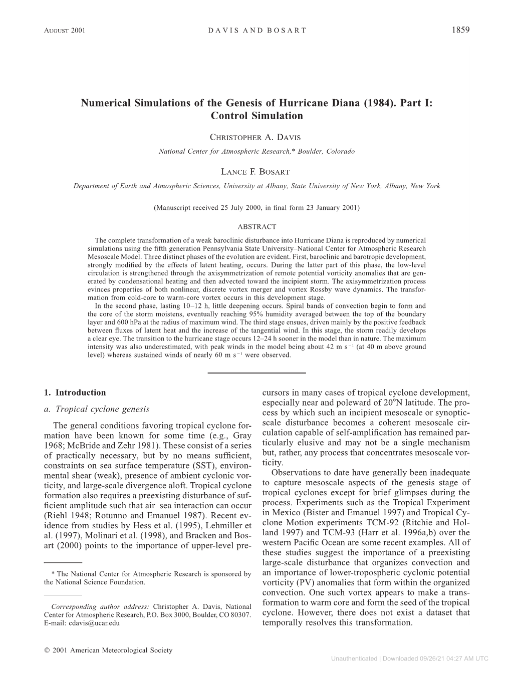 Numerical Simulations of the Genesis of Hurricane Diana (1984). Part I: Control Simulation