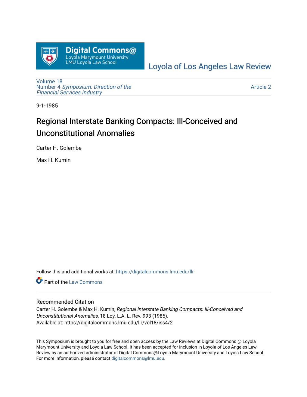 Regional Interstate Banking Compacts: Ill-Conceived and Unconstitutional Anomalies