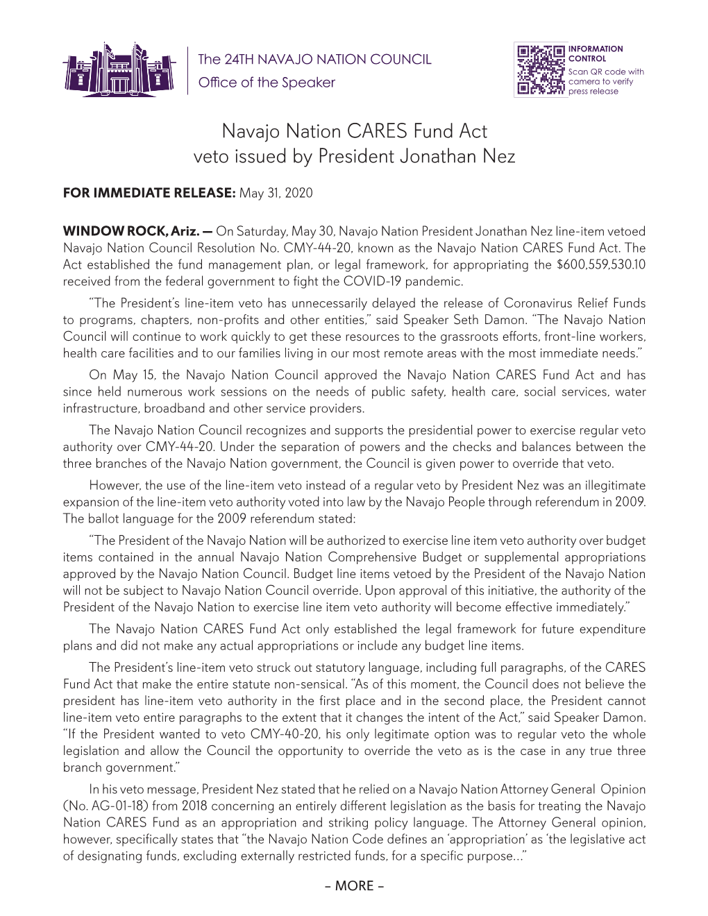 Navajo Nation CARES Fund Act Veto Issued by President Jonathan Nez