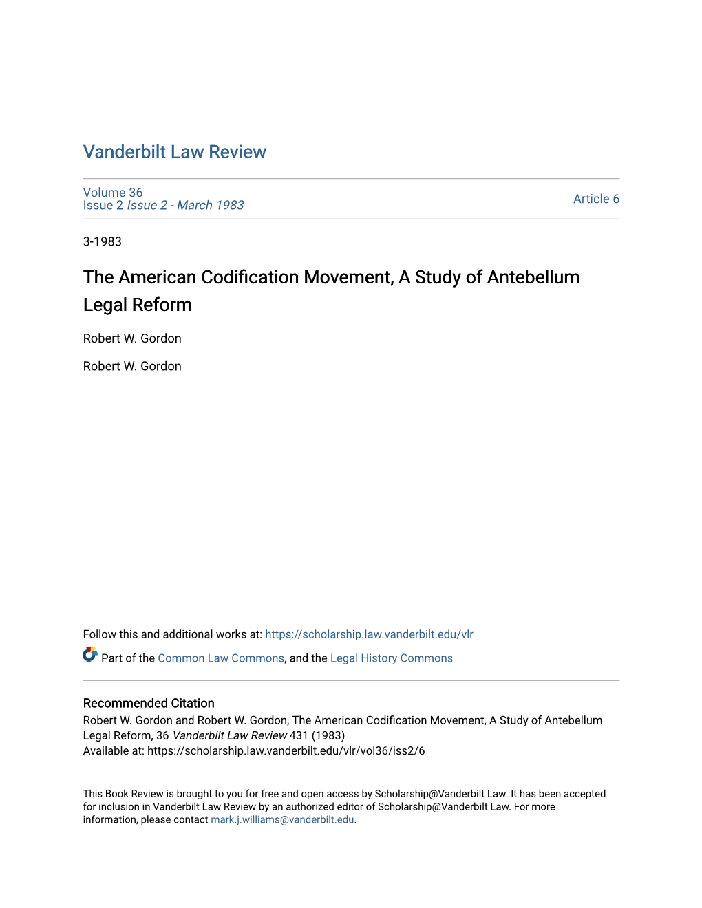 The American Codification Movement, a Study of Antebellum Legal Reform