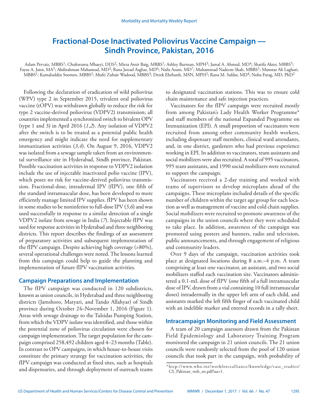 Fractional-Dose Inactivated Poliovirus Vaccine Campaign — Sindh Province, Pakistan, 2016