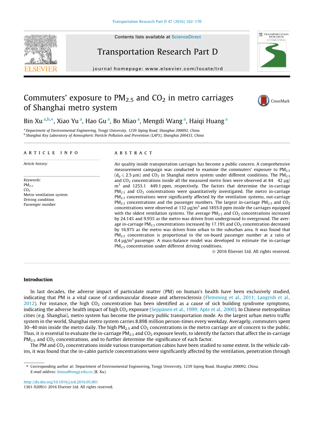 Commutersв€™ Exposure to PM2.5 and CO2 in Metro