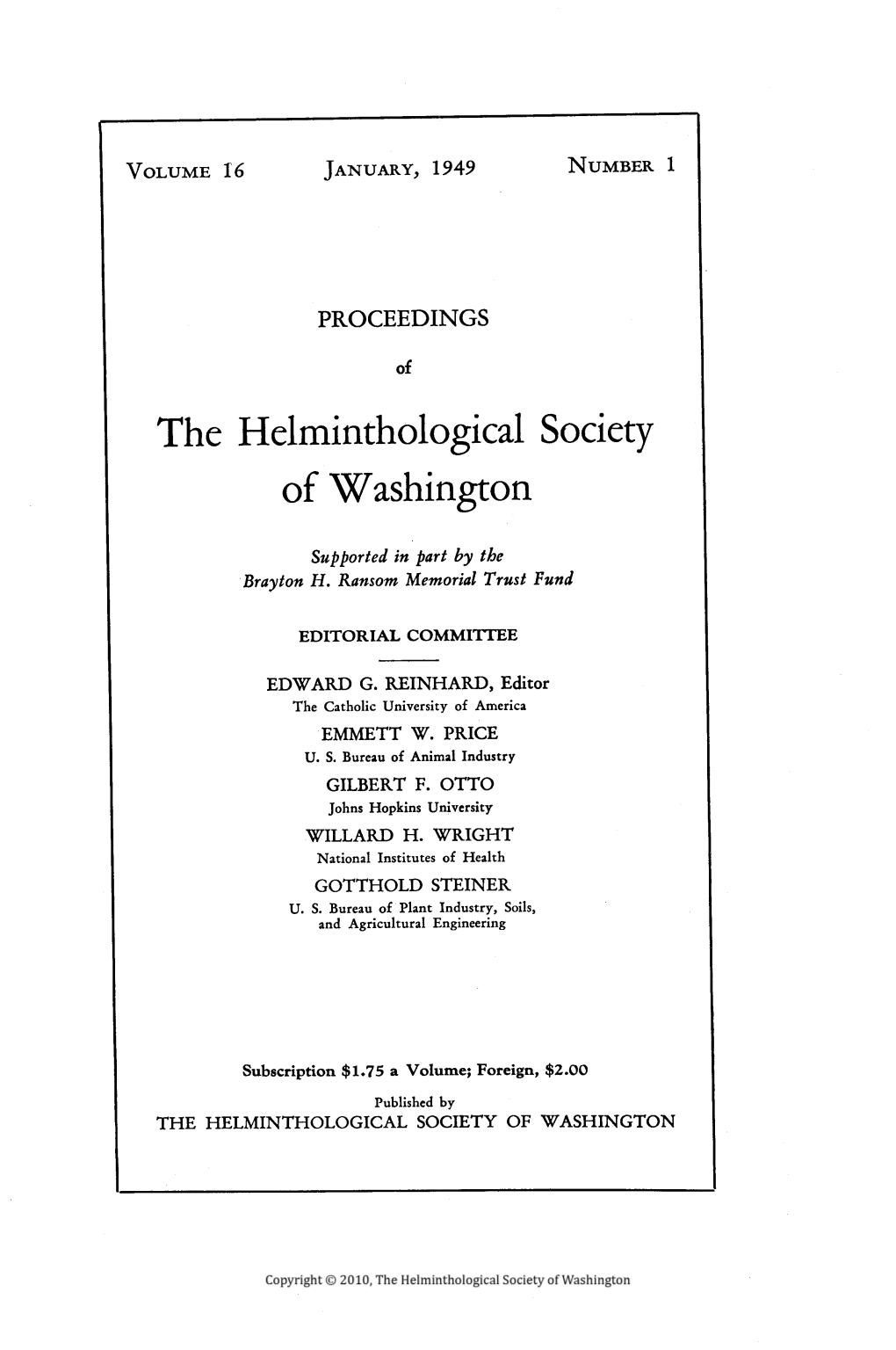 Proceedings of the Helminthological Society of Washington 16(1) 1949