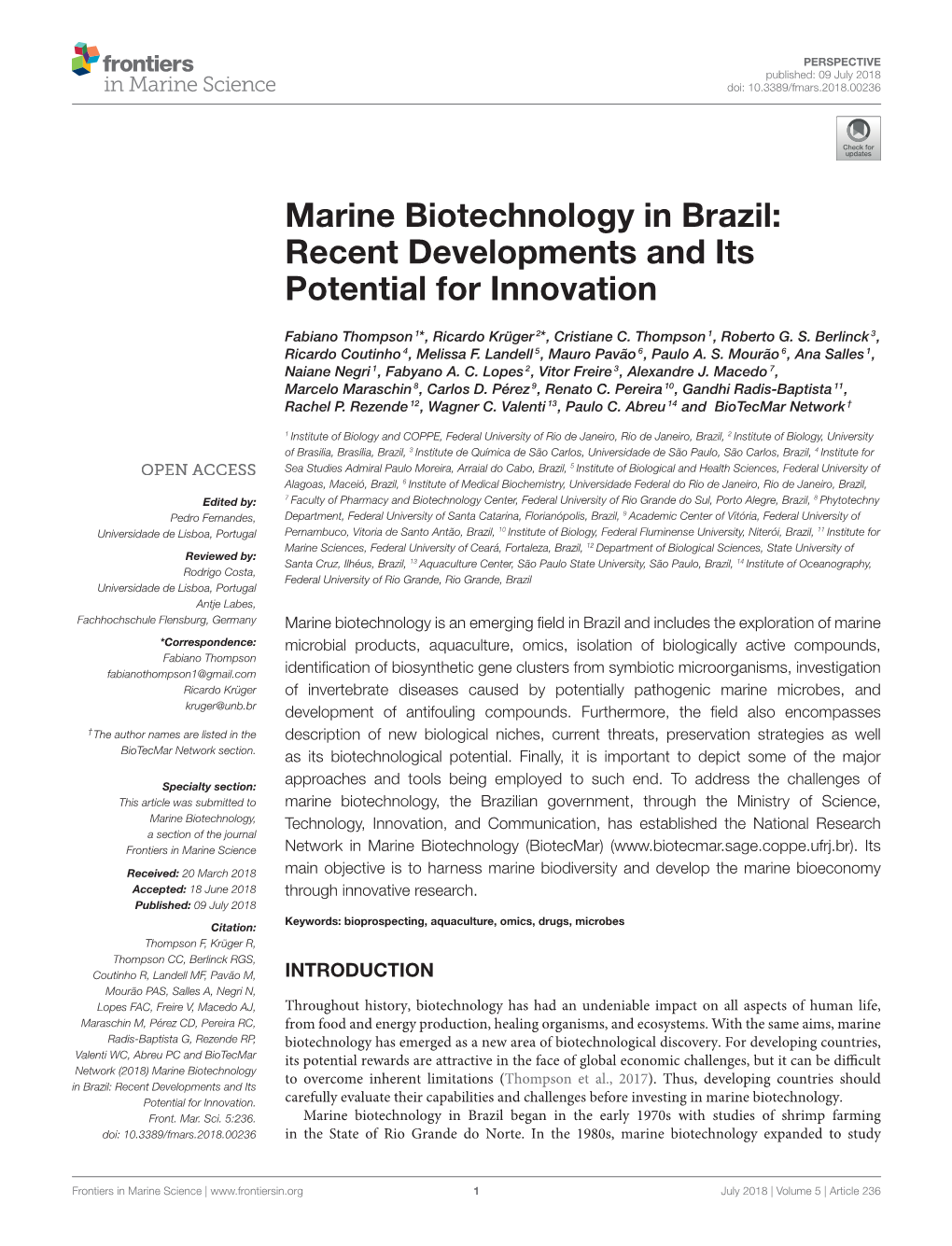 Marine Biotechnology in Brazil: Recent Developments and Its Potential for Innovation
