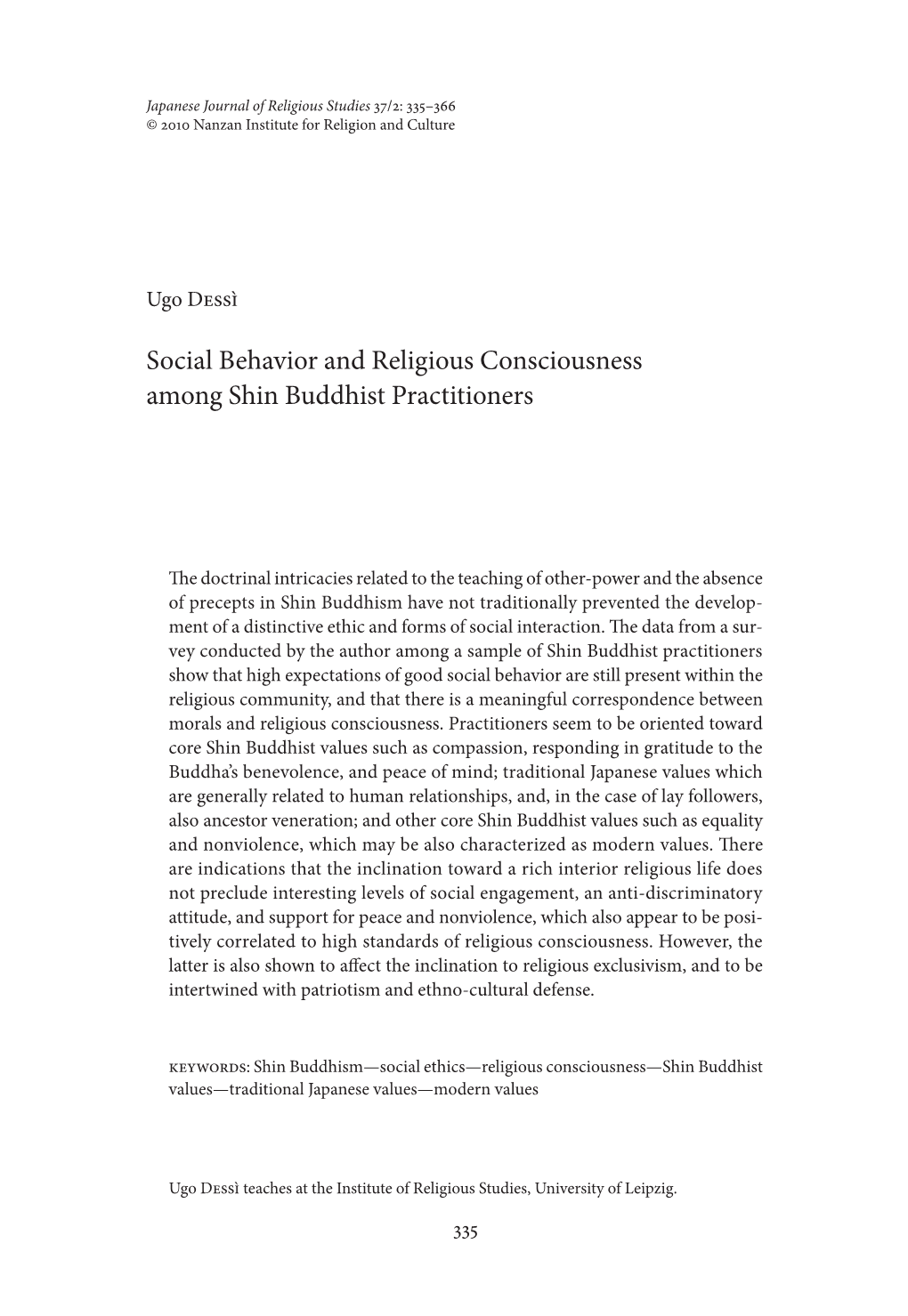 Social Behavior and Religious Consciousness Among Shin Buddhist Practitioners