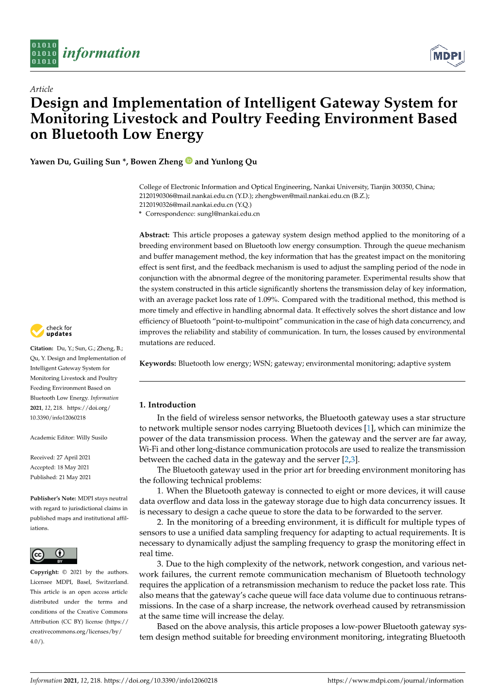 Design and Implementation of Intelligent Gateway System for Monitoring Livestock and Poultry Feeding Environment Based on Bluetooth Low Energy