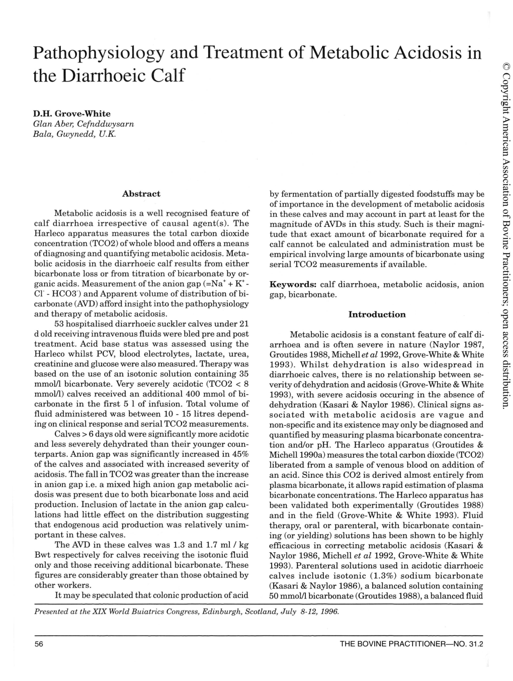 Pathophysiology and Treatm.Ent of Metabolic Acidosis in the Diarrhoeic Calf