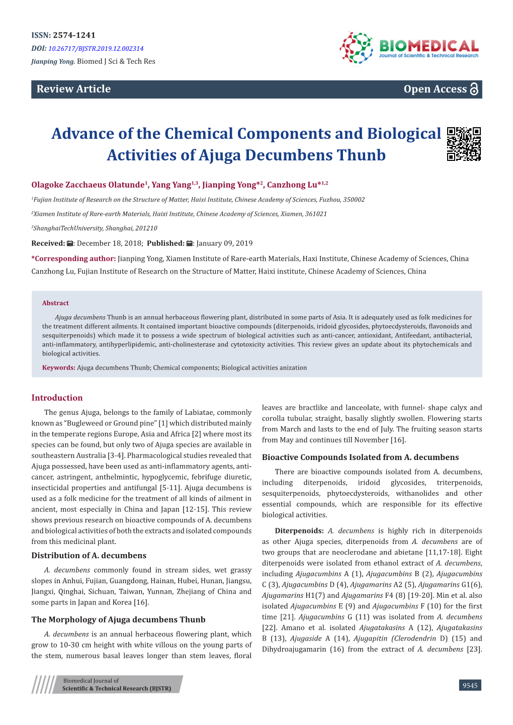 Advance of the Chemical Components and Biological Activities of Ajuga Decumbens Thunb