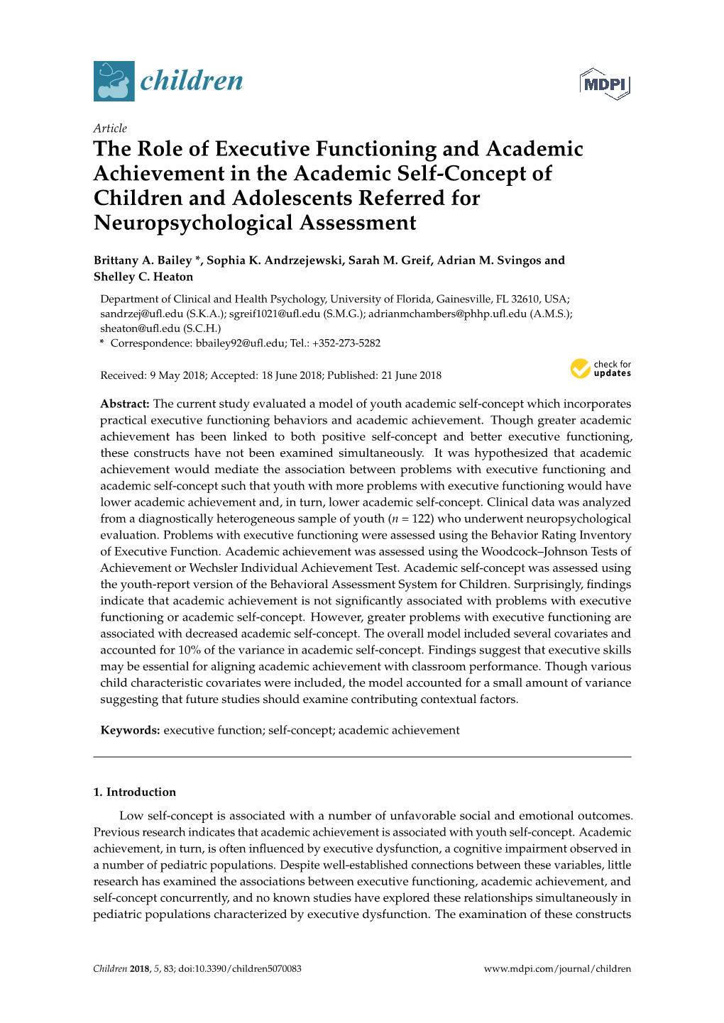 The Role of Executive Functioning and Academic Achievement in the Academic Self-Concept of Children and Adolescents Referred for Neuropsychological Assessment