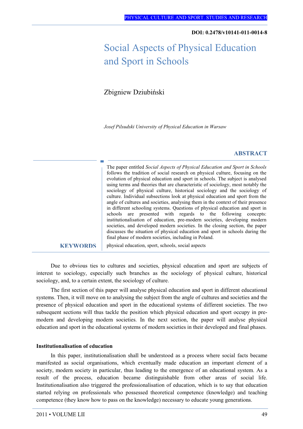 Social Aspects of Physical Education and Sport in Schools