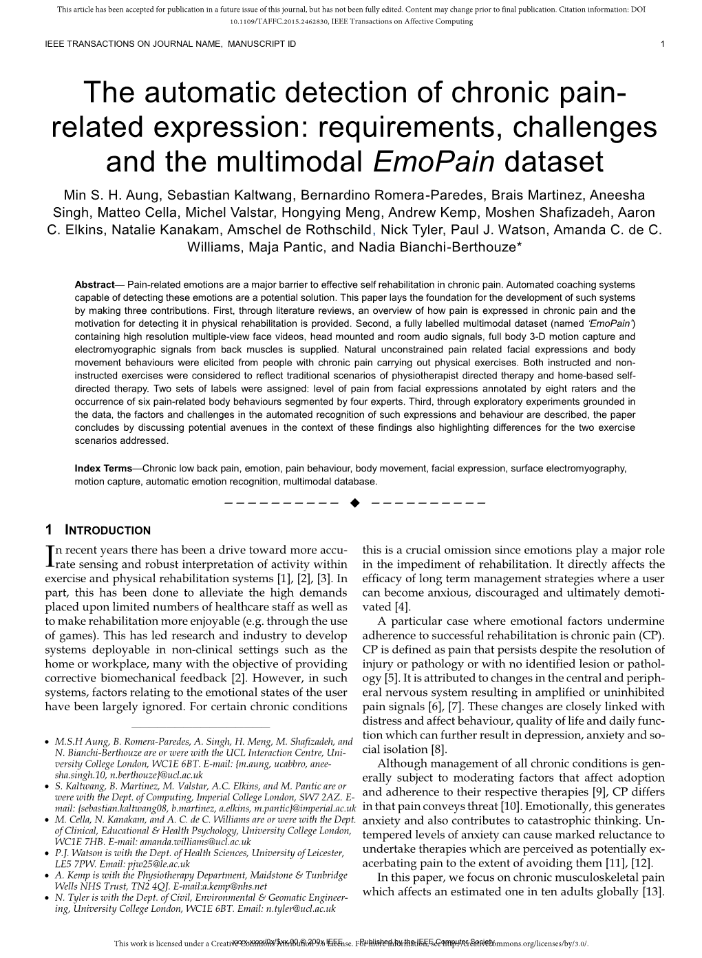 The Automatic Detection of Chronic Pain- Related Expression: Requirements, Challenges and the Multimodal Emopain Dataset Min S