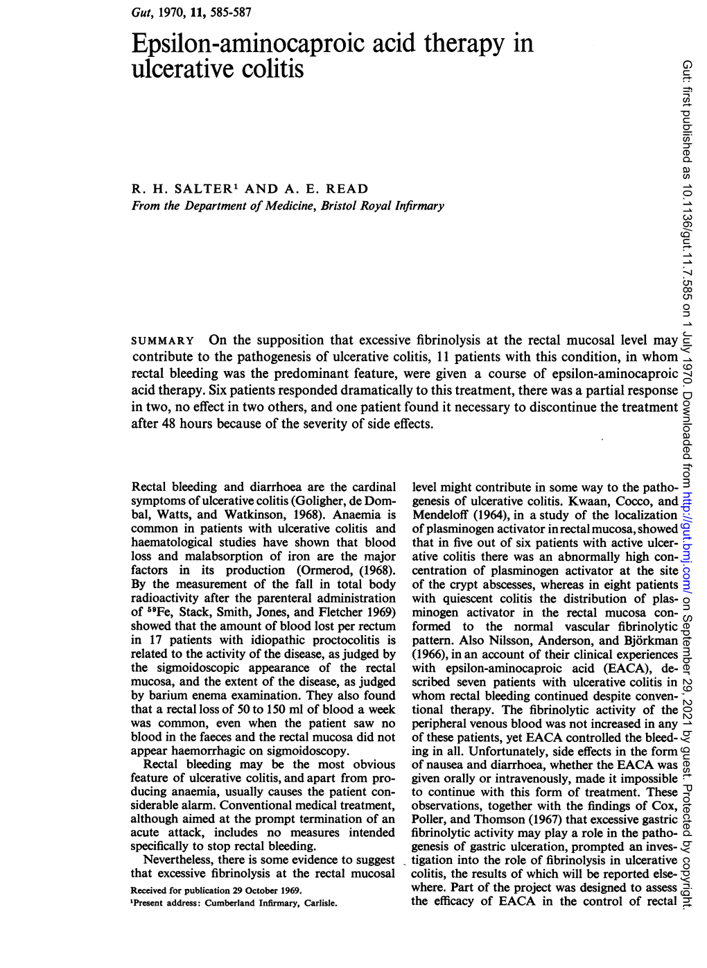 Epsilon-Aminocaproic Acid Therapy in Ulcerative Colitis Gut: First Published As 10.1136/Gut.11.7.585 on 1 July 1970