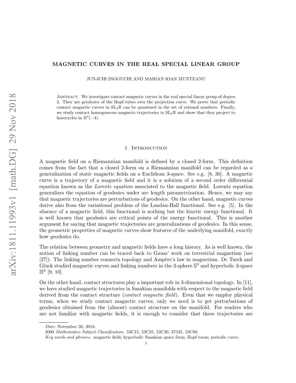 Arxiv:1811.11993V1 [Math.DG] 29 Nov 2018 on the Other Hand, Contact Structures Play a Important Role in 3-Dimensional Topology