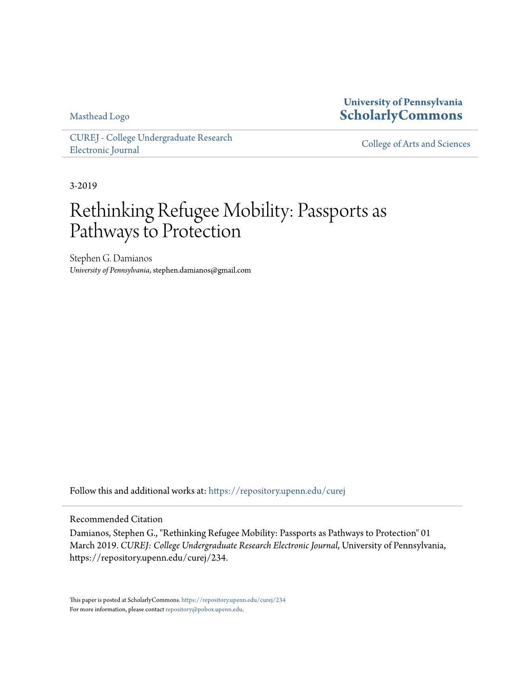 Rethinking Refugee Mobility: Passports As Pathways to Protection Stephen G