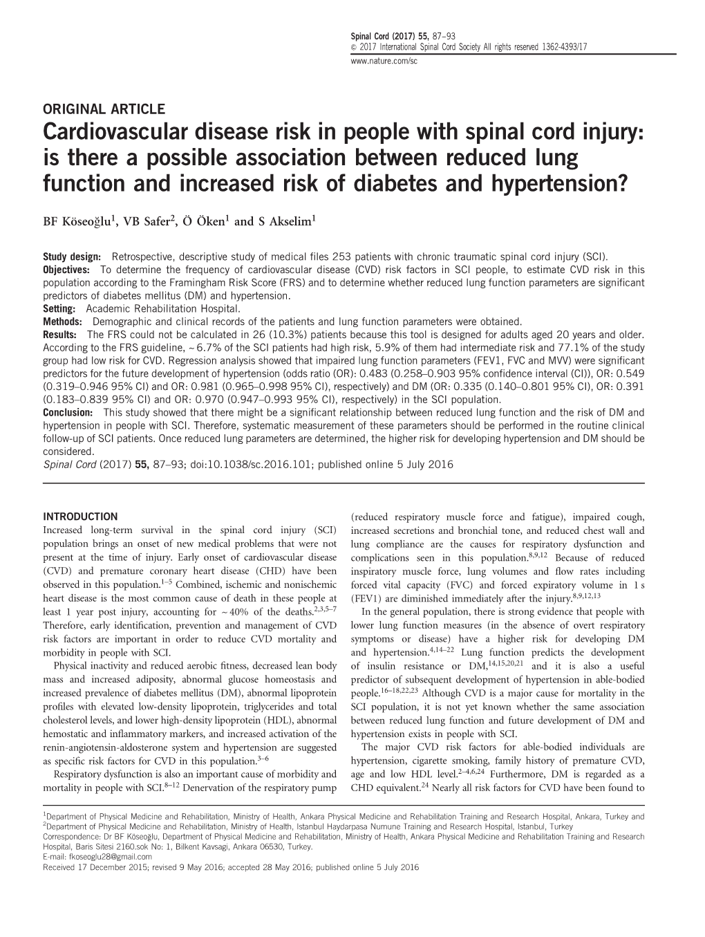 Cardiovascular Disease Risk in People with Spinal Cord Injury