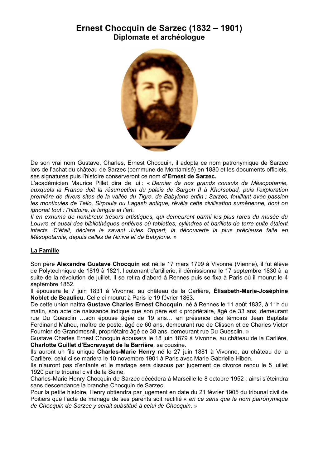 Ernest Chocquin De Sarzec (1832 – 1901) Diplomate Et Archéologue