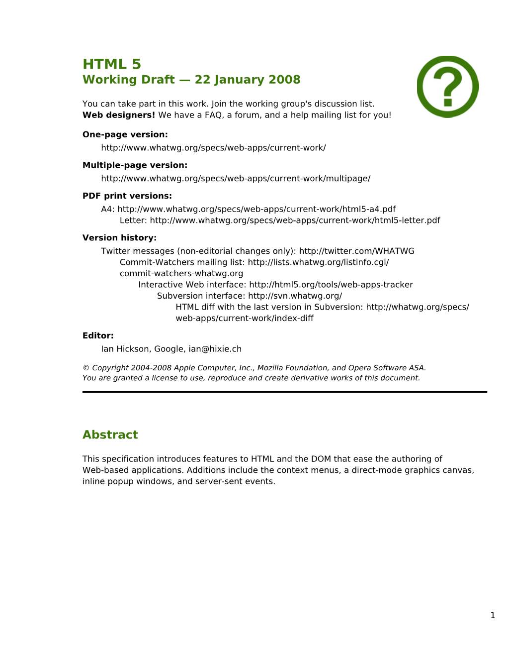HTML 5 Working Draft — 22 January 2008