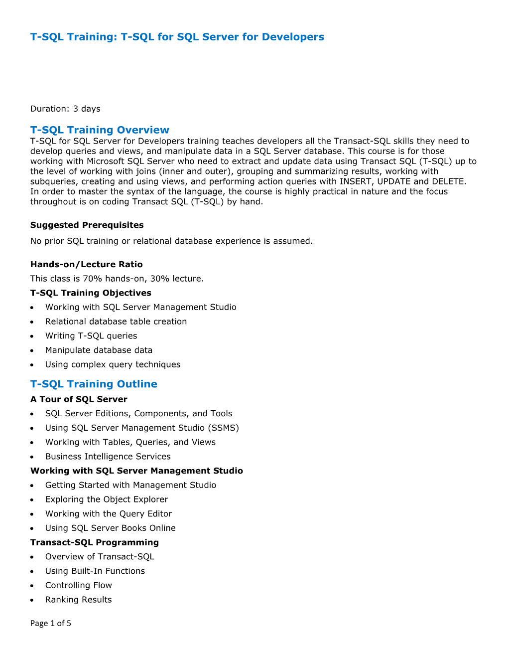 T-SQL Training: T-SQL for SQL Server for Developers