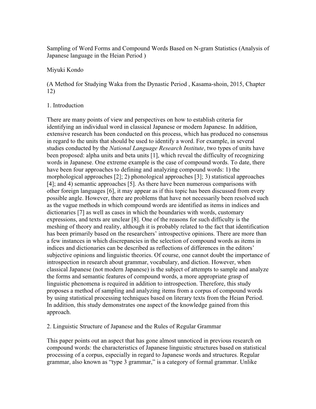 Sampling of Word Forms and Compound Words Based on N-Gram Statistics (Analysis of Japanese Language in the Heian Period )