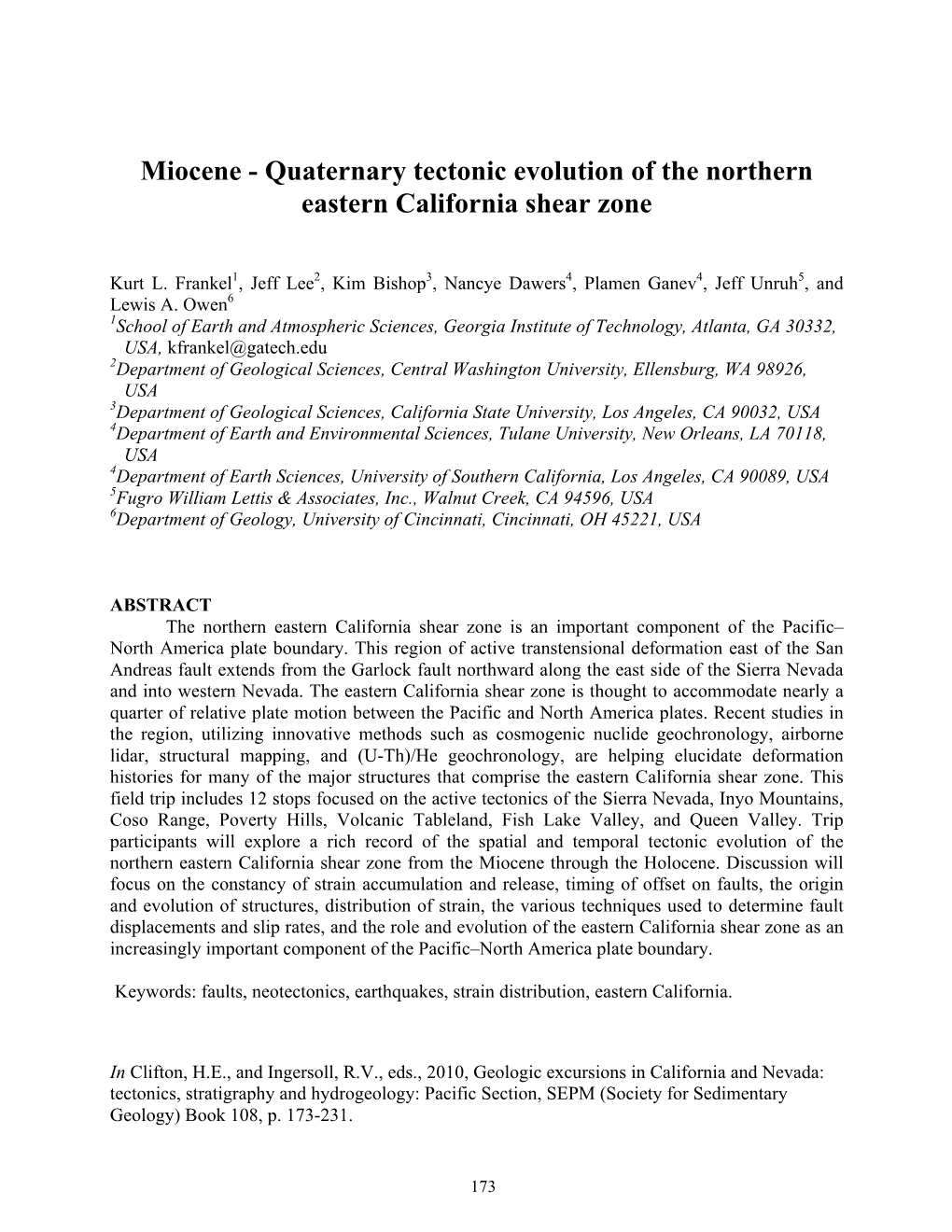 Miocene - Quaternary Tectonic Evolution of the Northern Eastern California Shear Zone