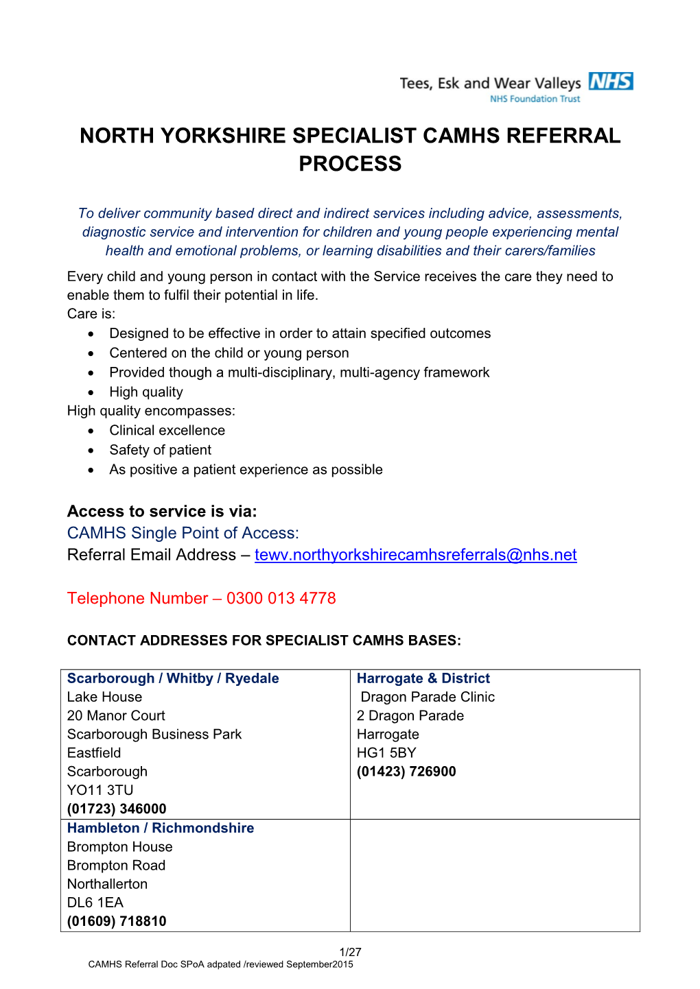 North Yorkshire Specialist Camhs Referral Process