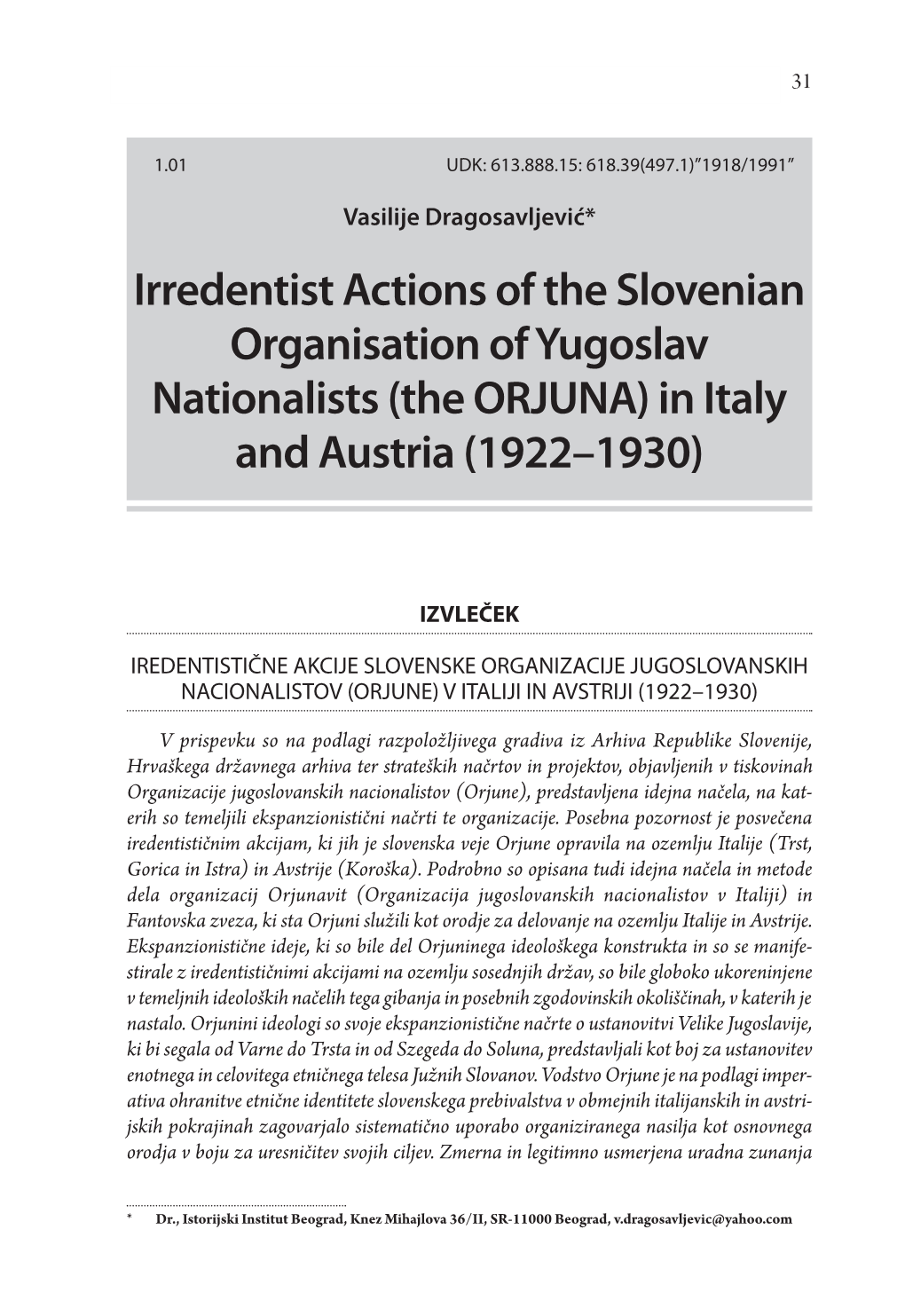 Irredentist Actions of the Slovenian Organisation of Yugoslav Nationalists … 31