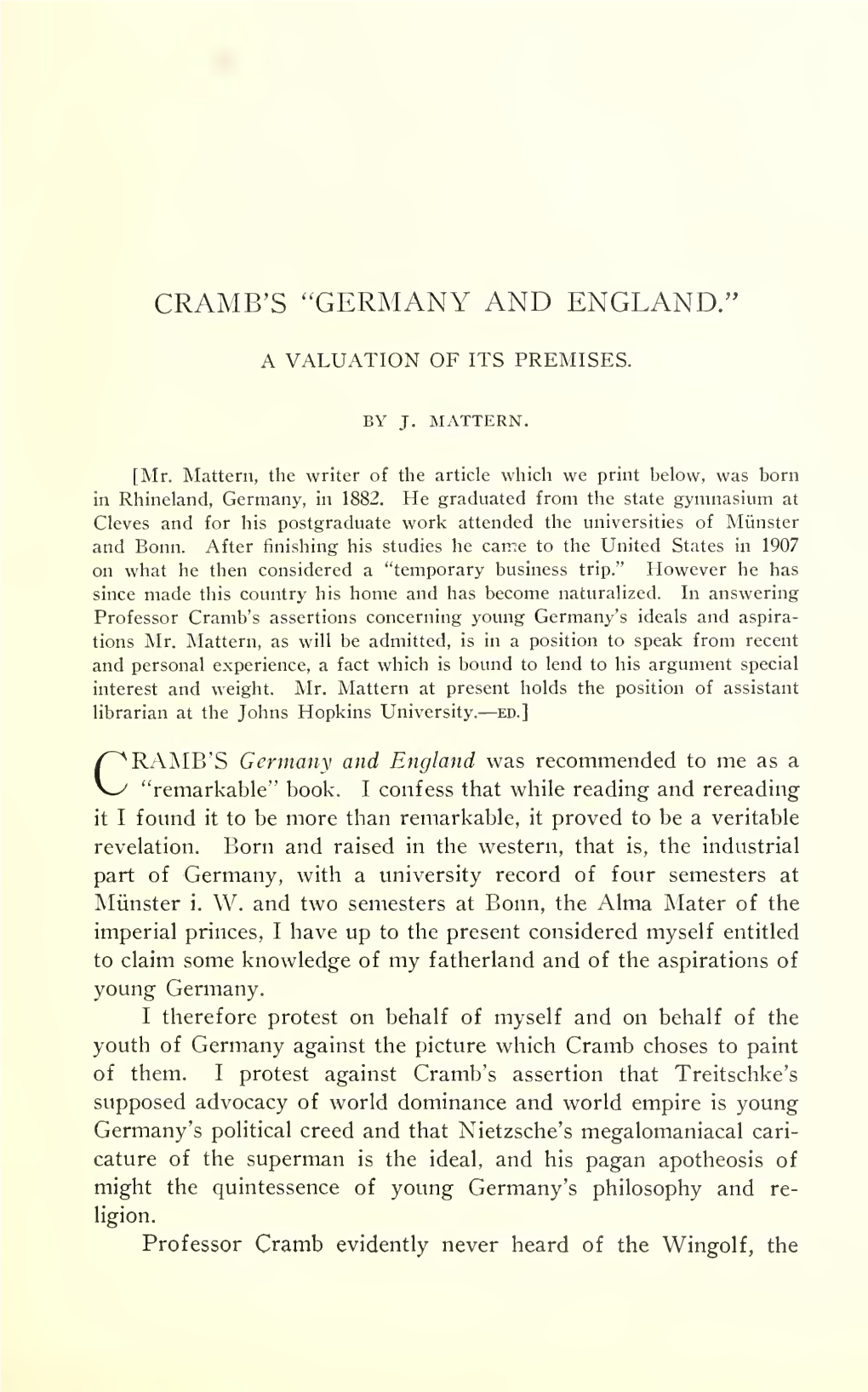 Cramb's "Germany and England." a Valuation of Its Premises