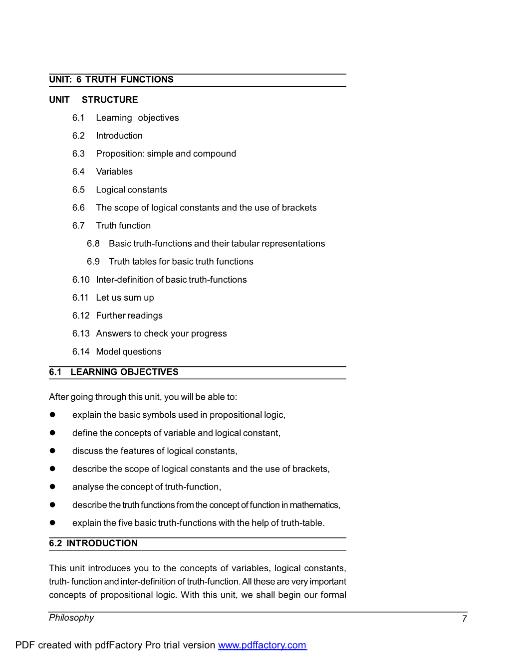 Philosophy 7 Truth Function Unit 6 UNIT