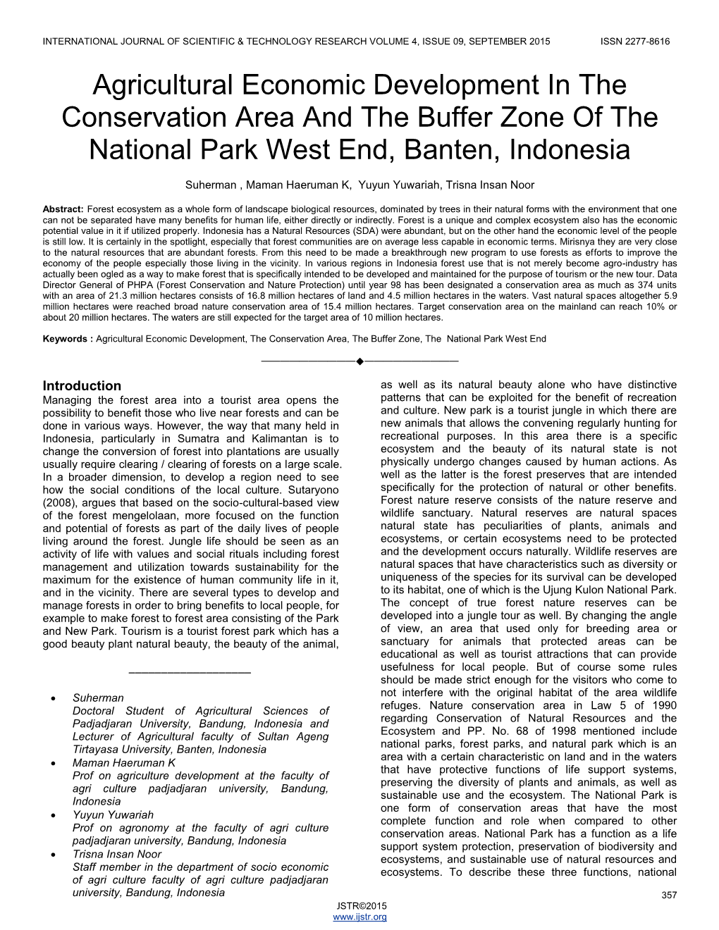 Agricultural Economic Development in the Conservation Area and the Buffer Zone of the National Park West End, Banten, Indonesia