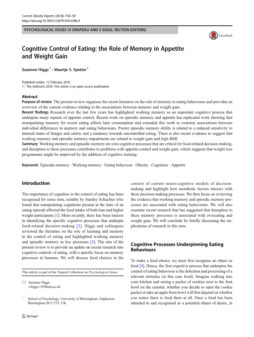 Cognitive Control of Eating: the Role of Memory in Appetite and Weight Gain