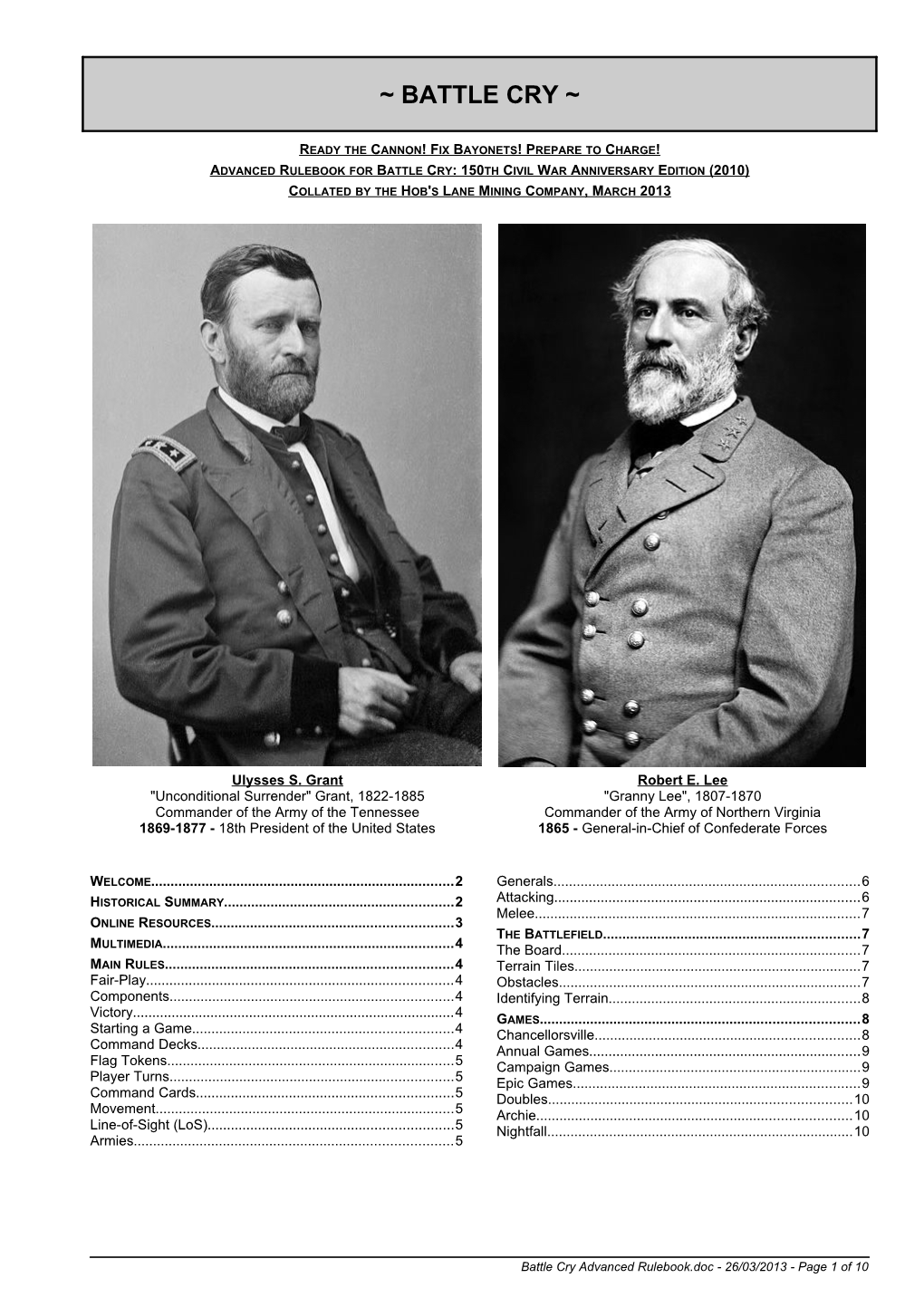 Advanced Rules for Battle Cry: 150Th Civil War Anniversary Edition (2010)