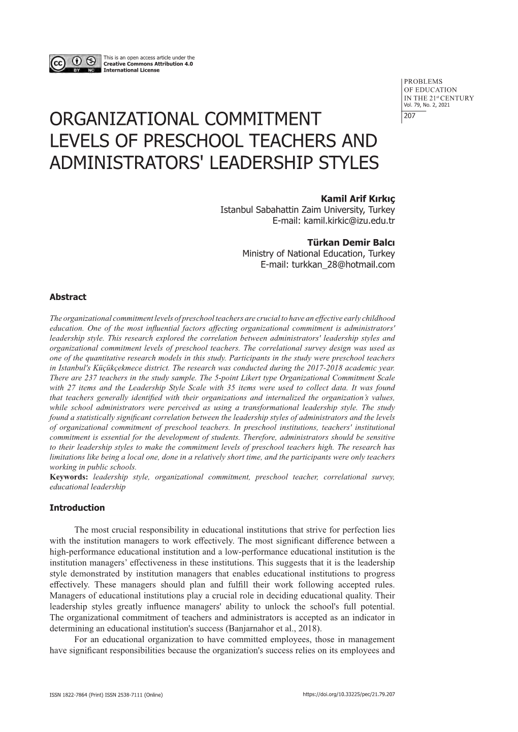 Organizational Commitment Levels of Preschool Teachers Are Crucial to Have an Effective Early Childhood Education