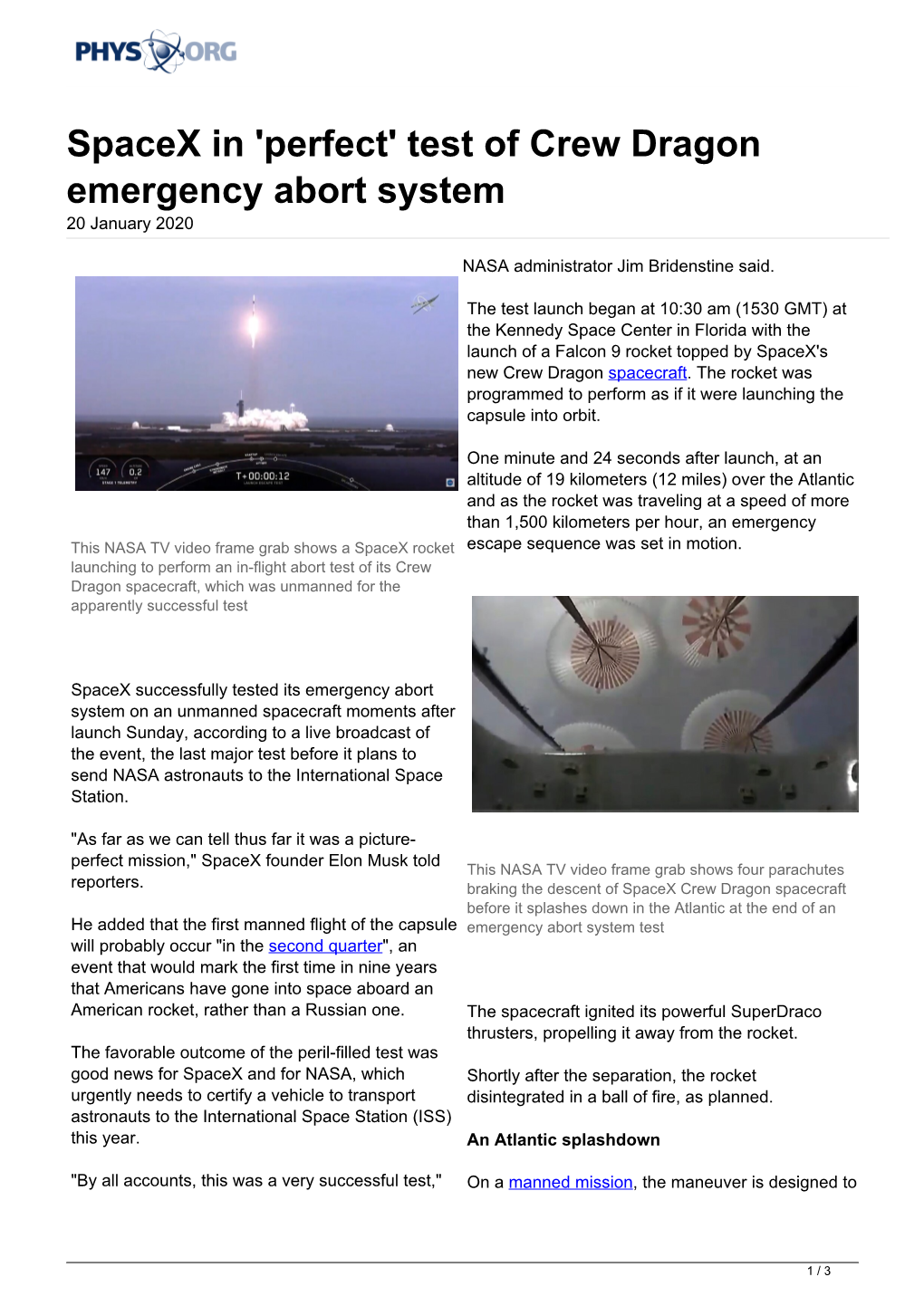 Test of Crew Dragon Emergency Abort System 20 January 2020