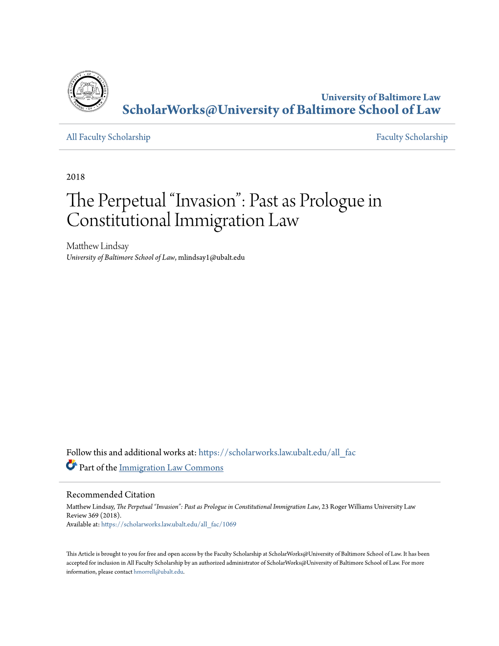 Past As Prologue in Constitutional Immigration Law Matthew Lindsay University of Baltimore School of Law, Mlindsay1@Ubalt.Edu