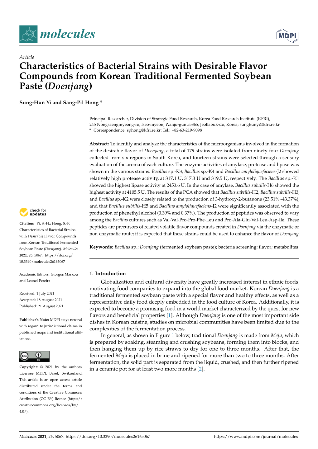 Characteristics of Bacterial Strains with Desirable Flavor Compounds from Korean Traditional Fermented Soybean Paste (Doenjang)