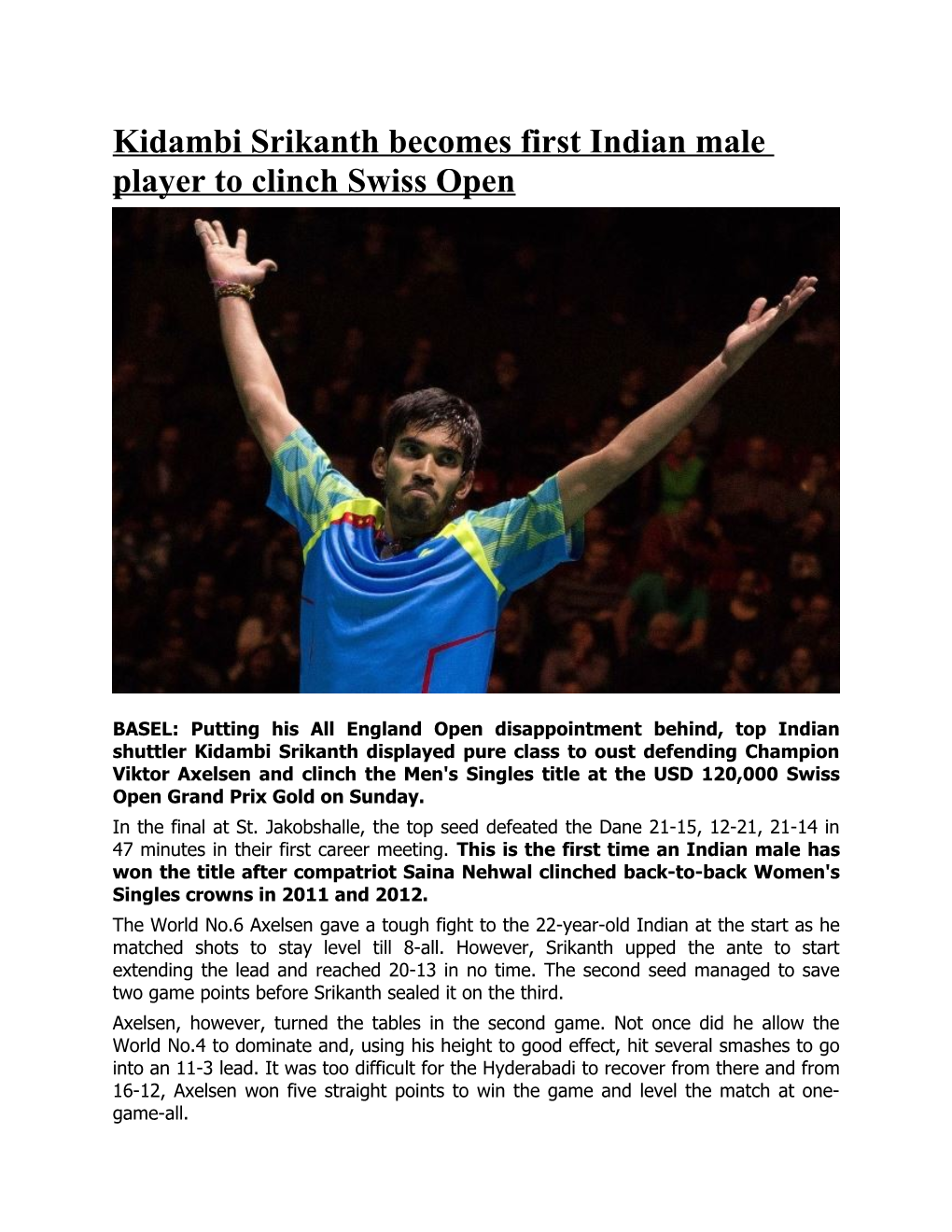 Kidambi Srikanth Becomes First Indian Male Player to Clinch Swiss Open