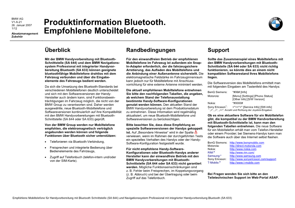 Produktinformation Bluetooth. Empfohlene Mobiltelefone