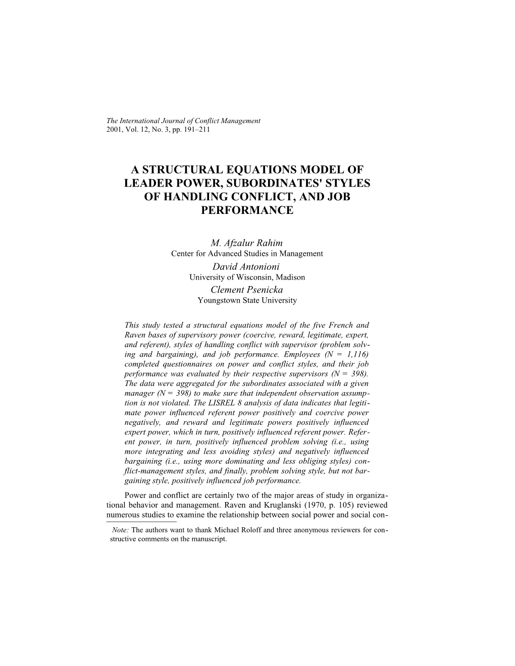 A Structural Equations Model Of